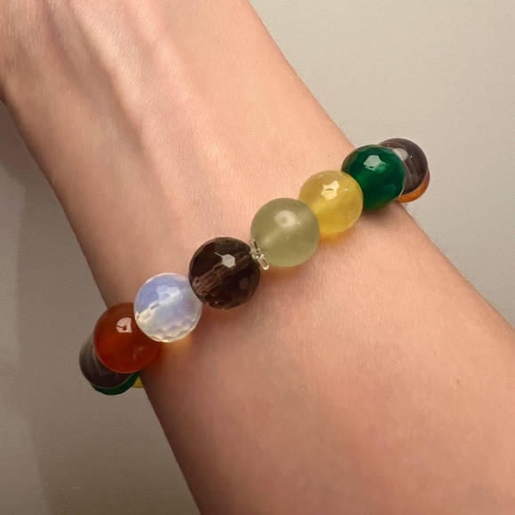 Semiprecious gemstone rainbow round bead chunky bauble beaded stacking bracelet - Picture 8 of 17